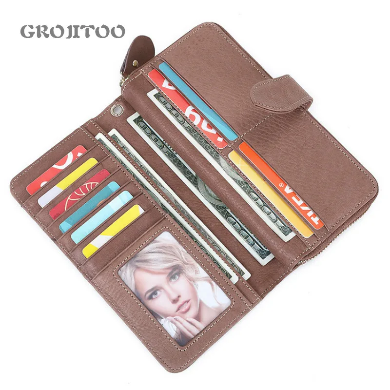 

GROJITOO New Leather Men's Wallet RFID Long Hand-held Top Layer Leather Multifunctional Wallet For Men And Women Card Purse