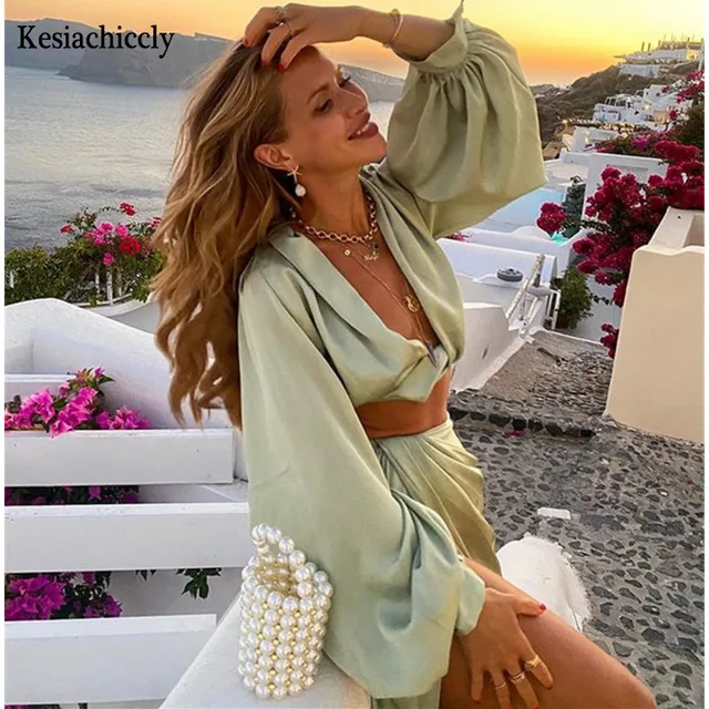 Kesiachiccly Satin High Split Puff Sleeve Women Two Piece Dress Sets Sexy Deep V Neck Top And Skirt Set Slim Partywear Suits 2