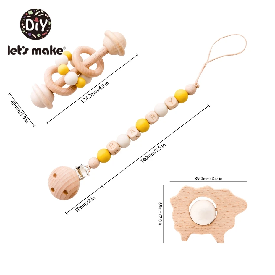 Let's Make 3pc/set Baby Pacifier Chain Holder Foer Nipples Beech Wood Baby Rattle Crib Mobiles Stroller Accessories Baby Toys