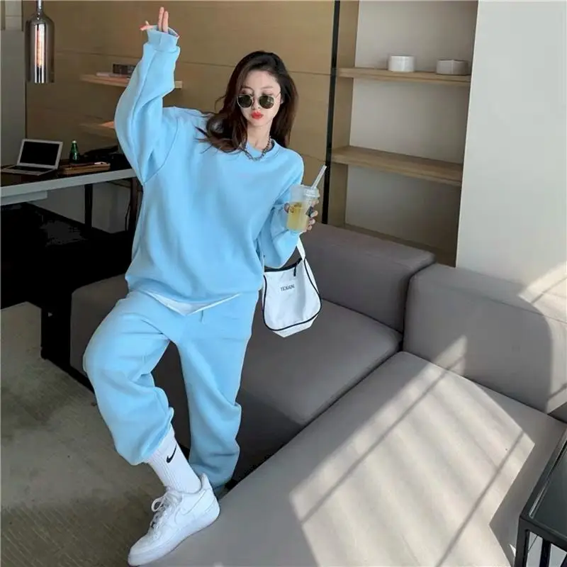 Sports Suit Women 2023 Spring Autumn Vintage Korean Loose Casual Fashion Crewneck Sweatshirt Pullover Sweatpants Two Piece Suits