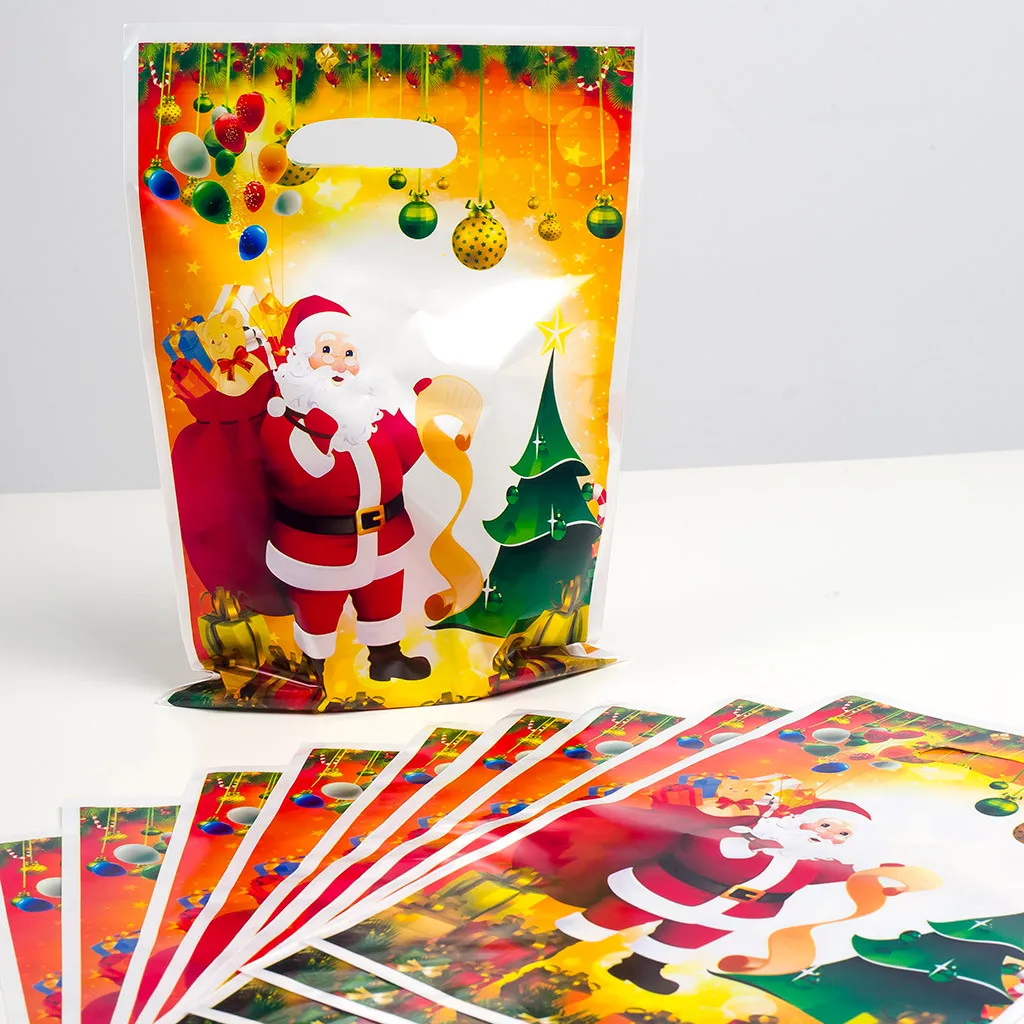 

10pcs Golden Christmas Tree Gift Bags Biscuit Plastic Cake DIY Drawstring Bag for Xmas Party Home Decoration Packaging Bags