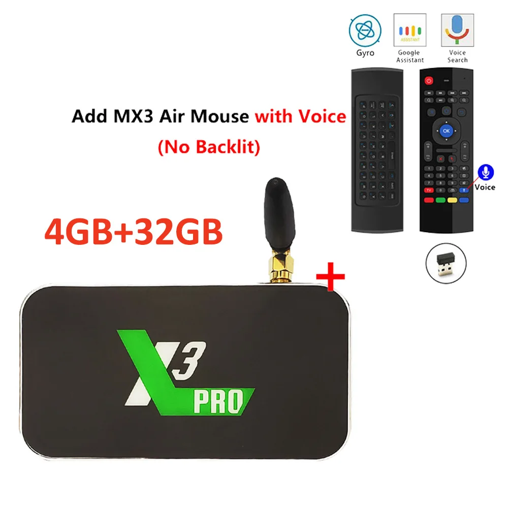 4GB32GB add MX3 mic Android Tv Box Ugoos X3 Pro Amlogic S905x3 LPDDR4 4GB 32GB 2.4G5G wifi LAN RJ45 1000M 4K телеприставка Ugoos X3 Pro медиаплеер - Цвет: 4GB32GB add MX3 mic