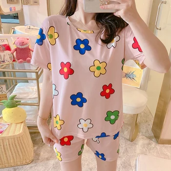 

Women Girls Summer Pajamas Sets Cute Cartoon Flower Letters Printed Short Sleeve Loose Tops Bowknot Shorts Sleepwear Loungewear