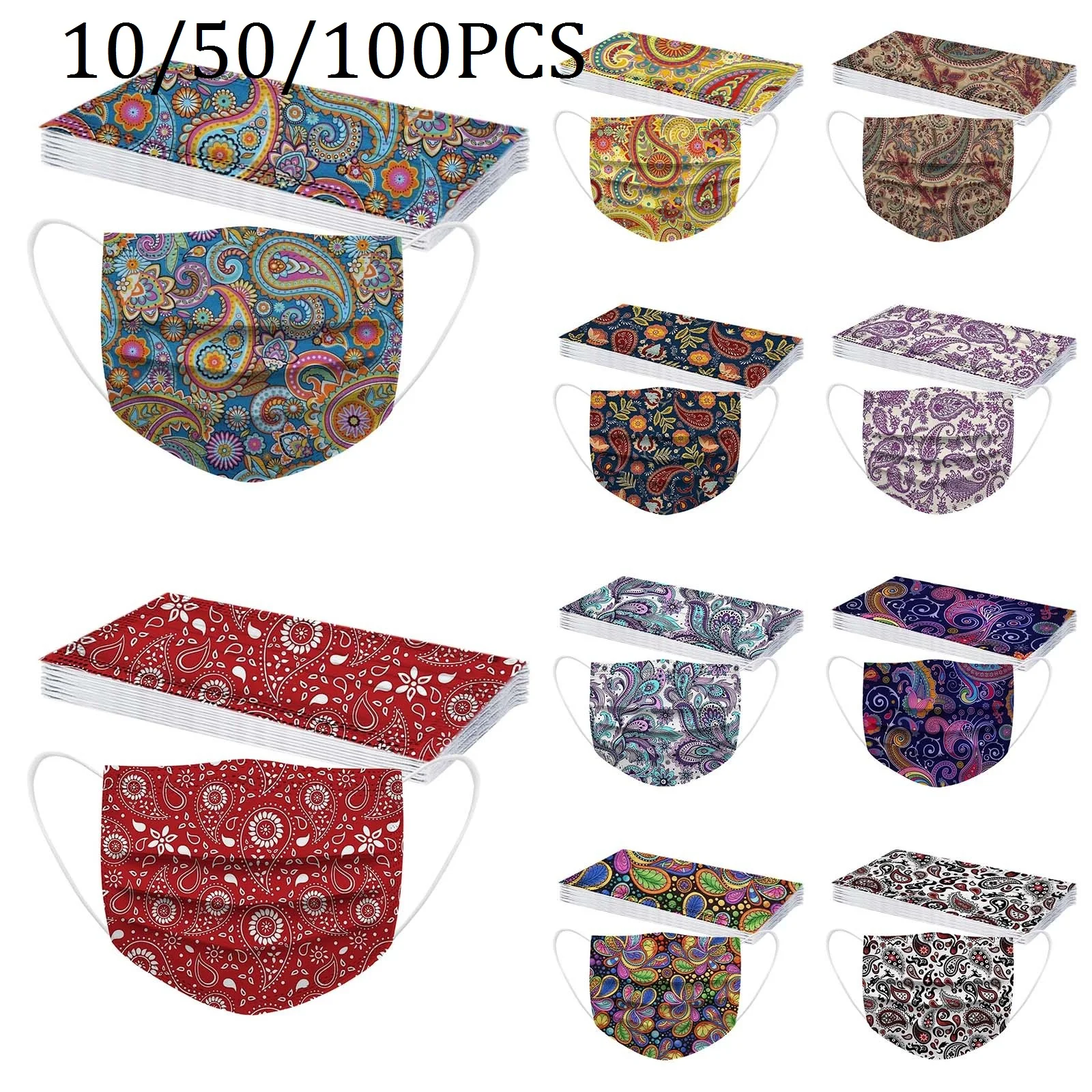 Face Mask 10/50/100PCS Adult's Paisley Print Disposable 3Ply Ear Loop Floral маска Mascarillas