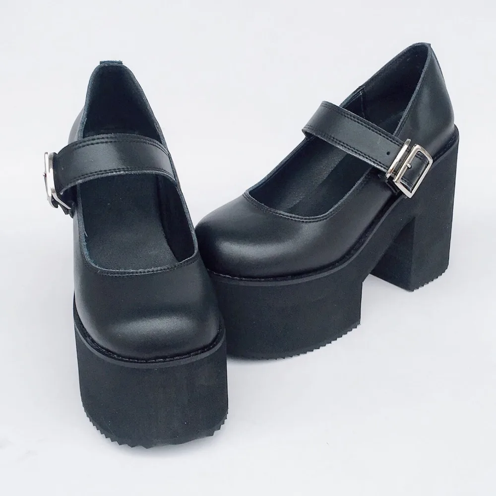 10cm Black Genuine Leather High Heel Platform Wedge Shoes Buckle Strap Pumps for Women