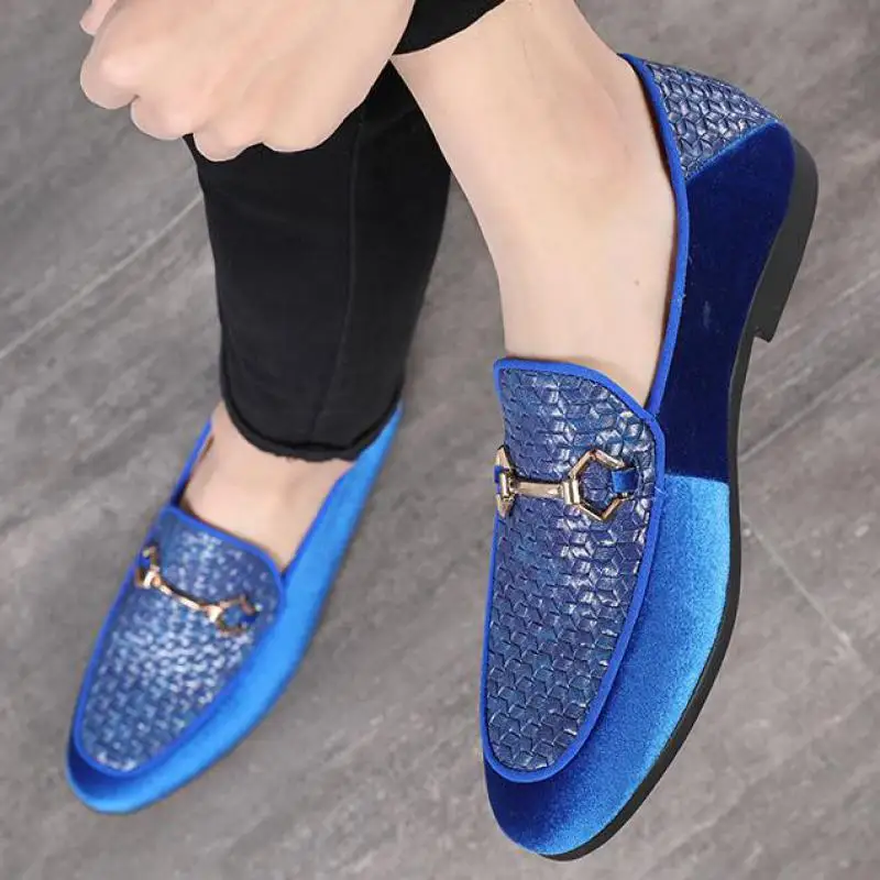 

37~48 Plus Size Mens Loafer Formal Woven Leather Shoes Men Pointed Toe Slip On Dress Loafers Italian Wedding Shoes Black Blue