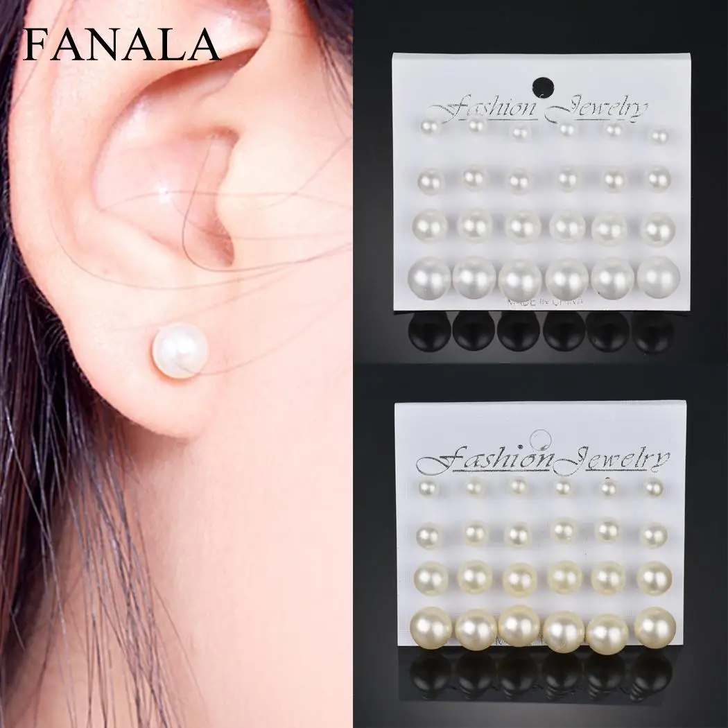 

12 pairs White Pearl Earrings Set For Women Jewelry On Ear Ball Stud Earrings kit gift suit to party