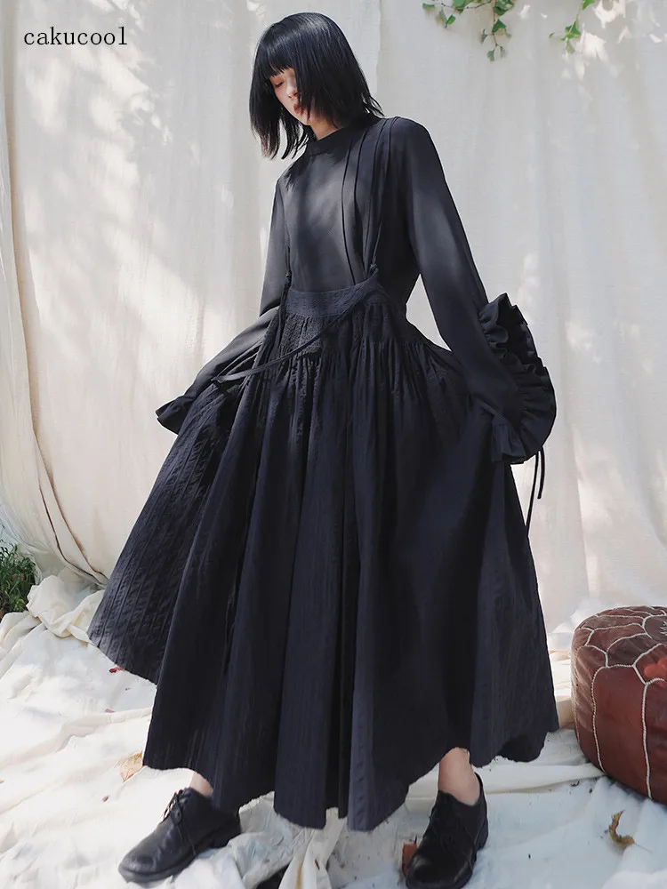 Cakucool Spring new black stripe straps simple solid color female ageing big swing skirt long | Женская одежда