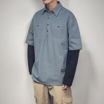 

Turn Down Collar Denim Shirts Long Sleeve Patchwork Striped Shirt Brand Autumn Fashion Clothing Double Pockets Front Blouse XXL