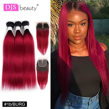 

Pre-Colored Ombre Brazilian Hair Bundles With Closure Dark Root 1B/ 99J Burgundy Straight Weave Human Hair Bundle Pack Remy DJS