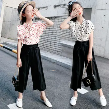 

Summer 2020 Girls Clothing Sets Kids Dot Print Blouse Shirt +Wide Leg Pants Suits Children Short Sleeve Baby Girl Clothes W296