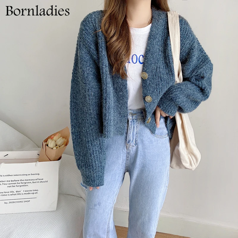 Bornladies Vintage V Neck Soft Warm Loose Women Knitted Cropped Cardigan Elegant Full Sleeve Single-breasted Female Sweater Coat |