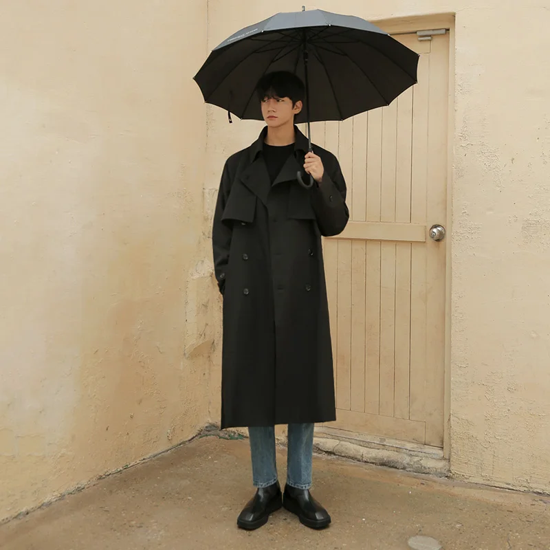 Autumn Korean Fashion Double Breasted Men's Trench Coat Belt