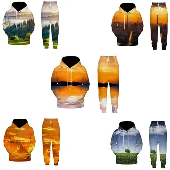 

3D Scenery Printed Hoodie Trousers Couple Tracksuits Suits Colorful Drawstring Natural View Sweatshirt Sweatpant 2pcs Sets S-5XL