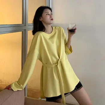 

Loose Korean Irregular Solid Color Loose Sashes Split Fork Casual O Neck Design T Shirt 2020 Spring Fashion Women Tee DMY4110