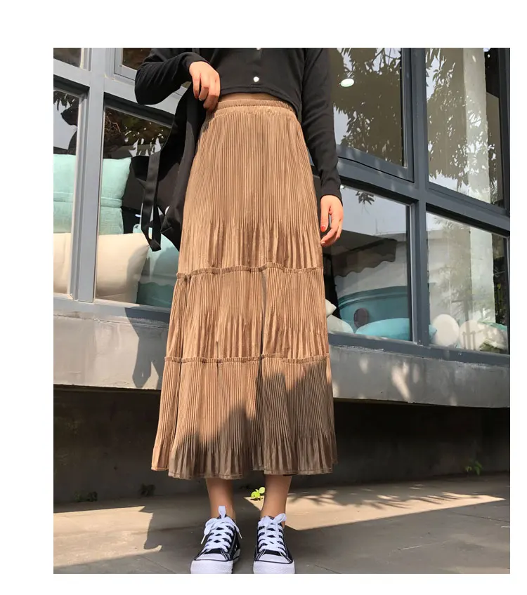 REALEFT, новинка 2019, бархатная юбка миди, модная многослойная Лоскутная трапециевидная эластичная юбка с высокой талией, Осень-зима