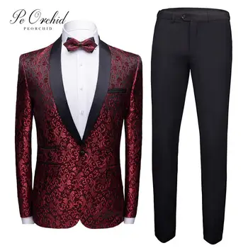 

PEORCHID Burgundy Mens Suit 2 Piecces Floral Wedding Prom Suits Stage Costumes For Singers Dress Groom Mens Casual Formal Wear