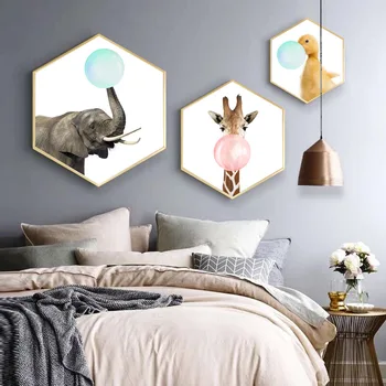 

Modern minimalist living room children's room bedroom creative hexagon decorative painting Nordic pink green balloon cute animal