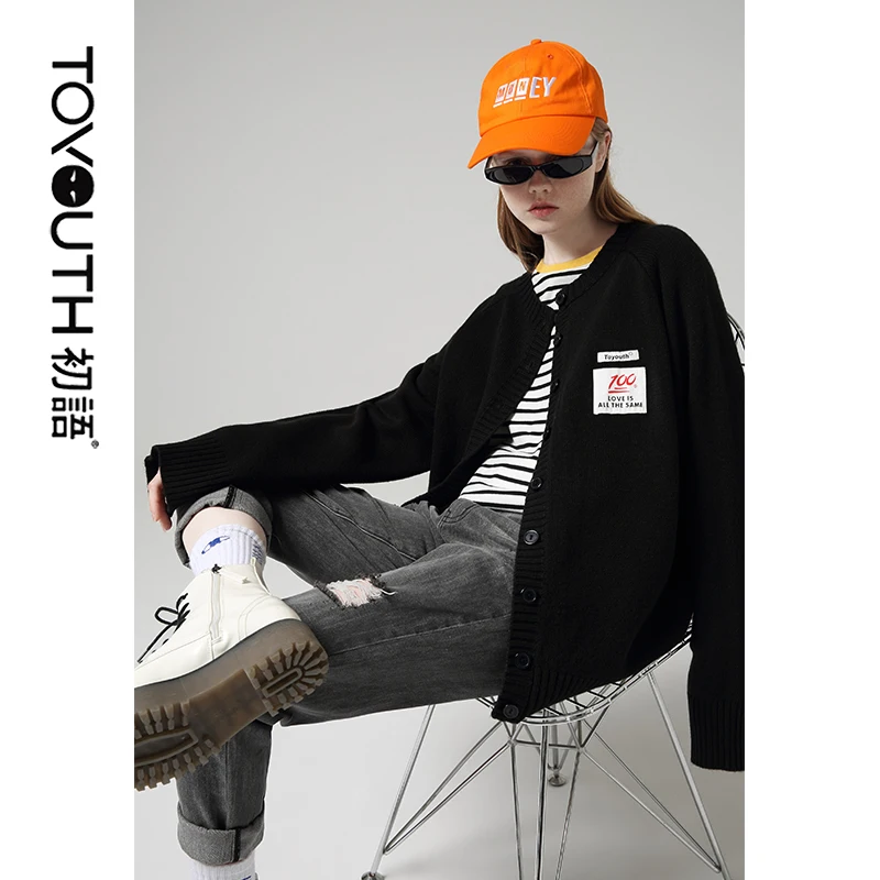 

Toyouth Women Autumn Blue Sweaters Printed Patchwork Long Sleeve Cardigan Casual Outwear Sweaters Coat