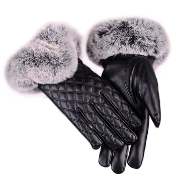 

DUOJIAOYAN Women Leater Waterproof Driving Full Finger Gloves Touch Screen Glove Winter Cute Warm Leather plush Gloves Female
