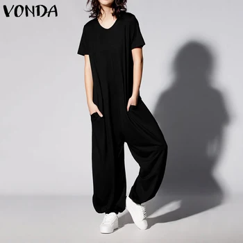 

VONDA Womens Jumpsuits 2020 Casual O Neck Short Sleeve Solid Color Playsuits Loose Elegant OL Office Overalls Oversized Rompers