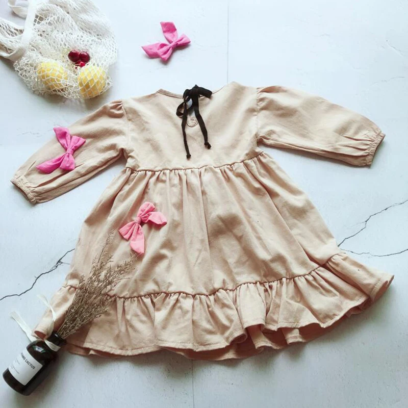 Платье для маленьких девочек; одежда принцессы; Корейская Осенняя детская льняная одежда; детская одежда с оборками; милая детская одежда