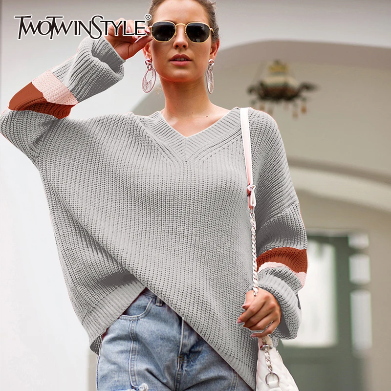 

TWOTWINSTYLE Hit Color Casual Women's Sweater V Neck Batwing Sleeve Large Size Pullovers Autumn Sweaters Female 2019 Fashion New