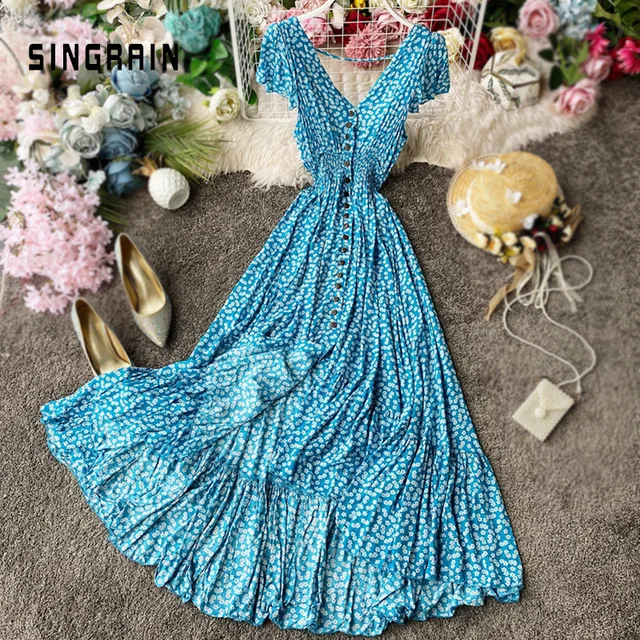 SINGRAIN Women Summer Floral Maxi Dress Bohemian Irregular Ruched Backless Ruffle Dress Vintage Long Cotton Print Beach Sundress 1