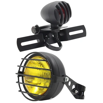 

NEW-6.5Inch Retro Motorcycle Amber Headlight Grill Side Mount Cover with Bracket & with License Plate Holder Tail Light
