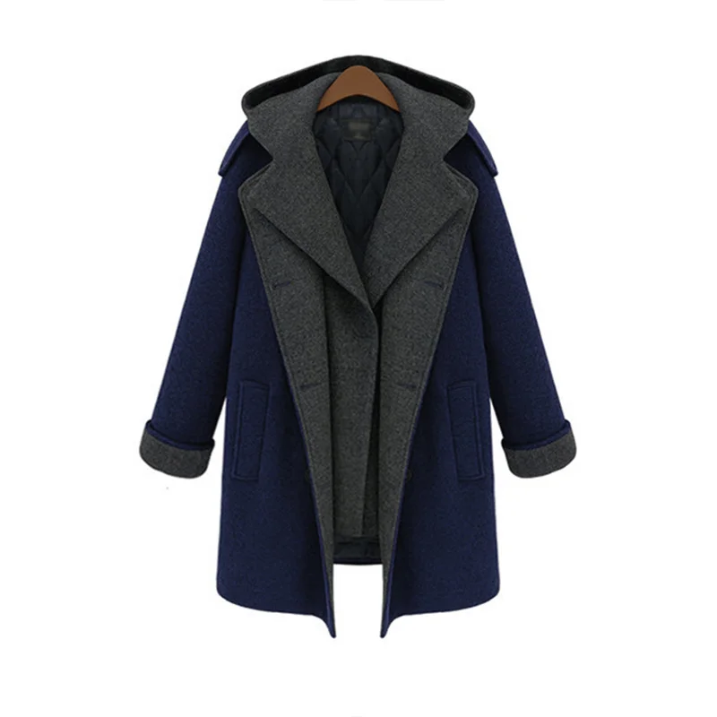 Женское зимнее длинное пальто Тренч Темно-синее хлопковое одноцветное двубортное элегантное шерстяное пальто на пуговицах с отложным воротником Женское пальто размера плюс