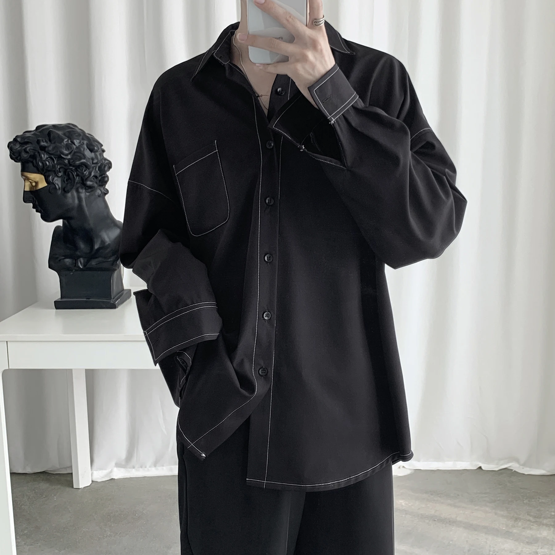 2019 Fashion Men Shirt Long Sleeve Korean Style Ulzzang Topstitched Design Solid Street Wear Men Shirts 2019 Fashion Men Shirt Long Sleeve Korean Style Ulzzang Topstitched Design Solid Street Wear Men Shirts