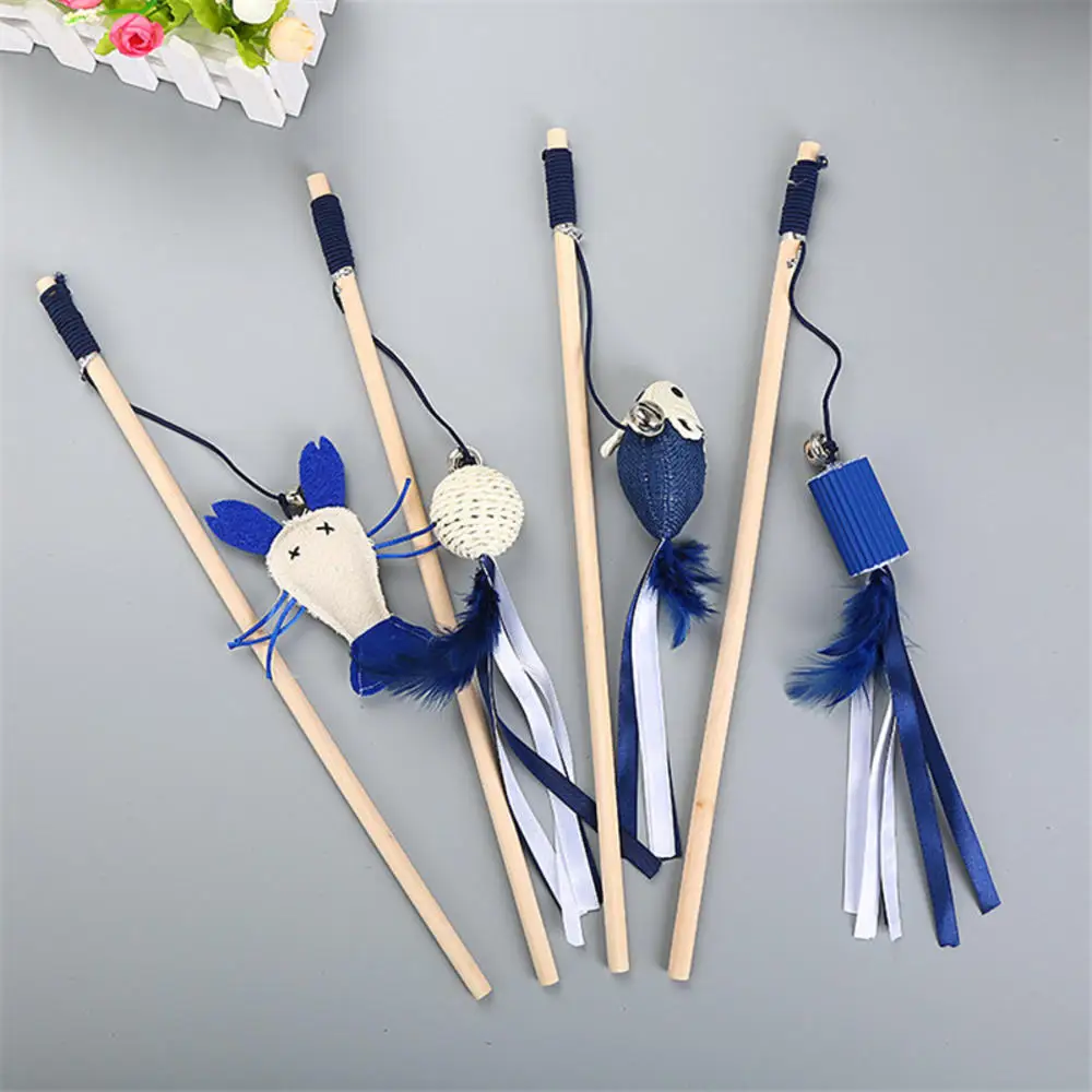 New 40cm Pet Cat Teaser Toys Feather Linen Wand Cat Catcher Teaser Stick Cat Interactive Wood Rod Mouse Toy With Mini Bell New