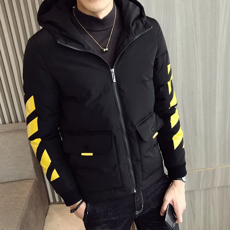 Korean-style Slim Fit Men Hooded Mixed Colors Cotton Overcoat Thick Warm Cotton Coat Printed Letter Cotton-padded Jacket Sub-Plu