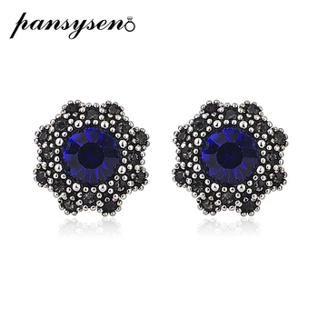 

PANSYSEN Vintage 925 Sterling Silver 15MM Round Sapphire Stud Earrings for Women Wedding Earrings Fashion Anniversary Jewelry