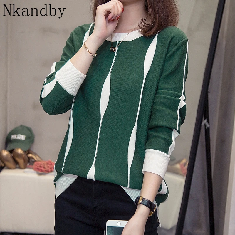 Plus Size Striped Knitted Pullover Sweaters Women 2021 Autumn Winter Korean Long Sleeve Knitwear Tops Oversize Female Jumpers | Женская