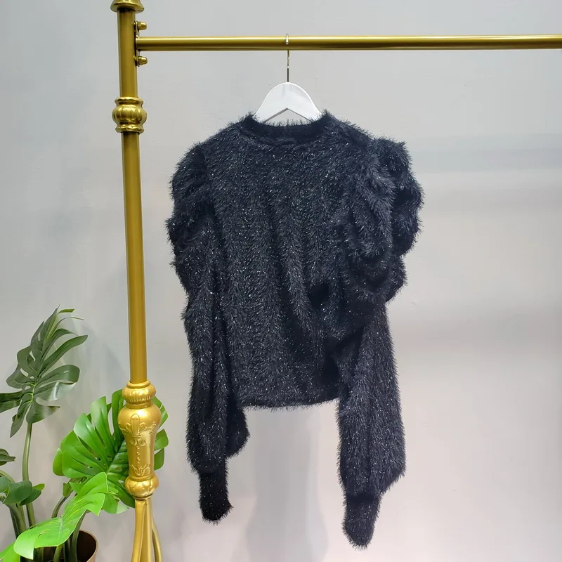 Jersey Mujer, осень, Модный женский черный свитер с длинным рукавом, свободный, яркий, Шелковый, мохер, свитер, фиолетовый, вязаный пуловер, свитер