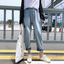 Женские Модные мешковатые штаны женские студенческие свободные джинсы с застежкой на пуговицах с отверстиями плюс размер длина по щиколотку хлопковые джинсовые шаровары