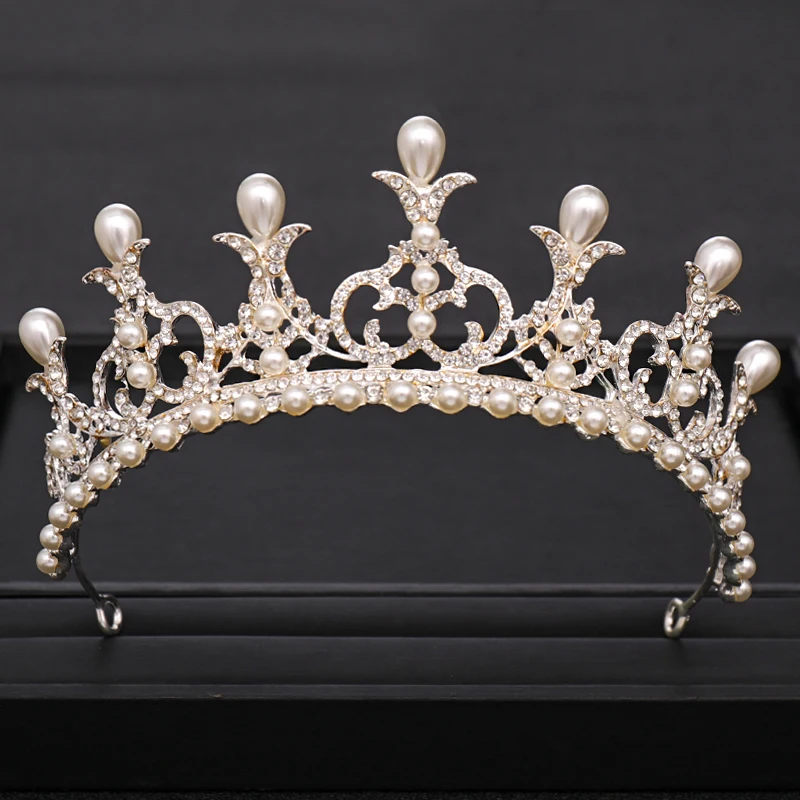 Trendy Wedding Crown Pearl Headband Baroque Silver Rhinestone Crystal Crown Princess Crown Bride Wedding Crown Hair Accessories