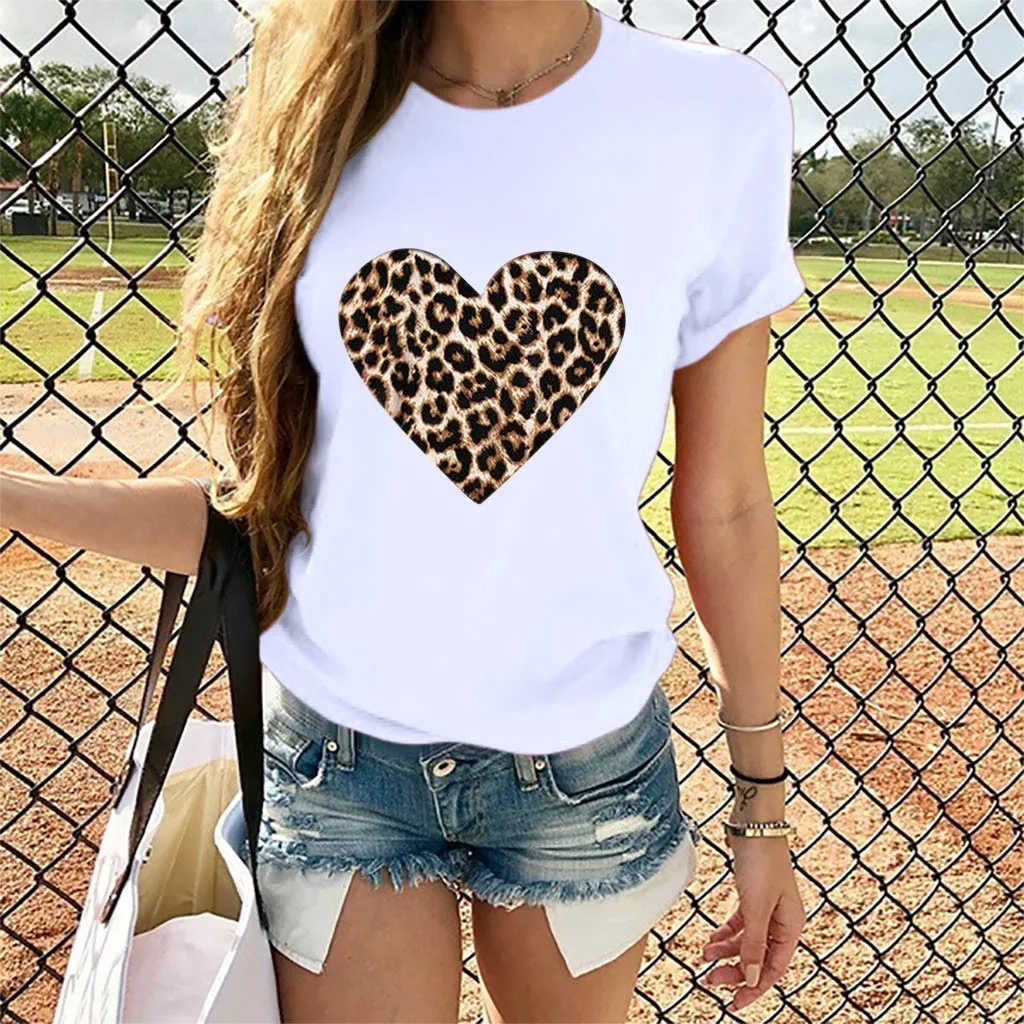 Ulanda Women Valentine's Day Casual Short Sleeve O Neck Leopard Print Love Heart Graphic Tee T Shirts for Women 