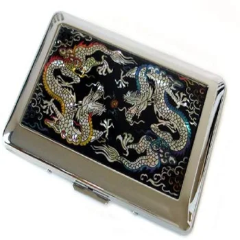 

Ancient Mother-of-Pearl Yellow and Blue Dragon Design Carved Metal Cigarette Case Box Holder Storage Box For 14 Pcs Regular Size