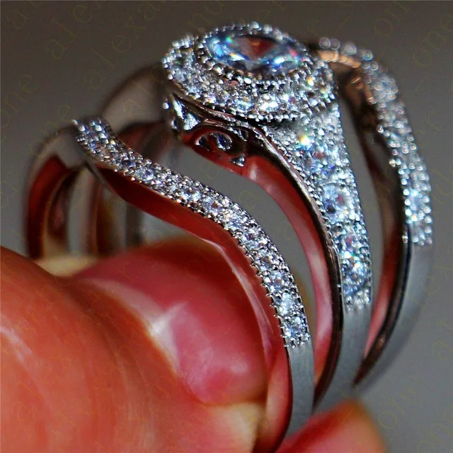 KNOCK 3pcs/Set Luxury Female White Round AAA Zircon Ring Set Fashion Silver Promise Engagement Rings For Women Jewelry