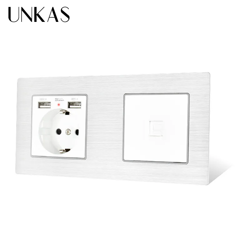 Панельная розетка UNKAS европейского стандарта с двойным USB разъемом + 1 коннектор