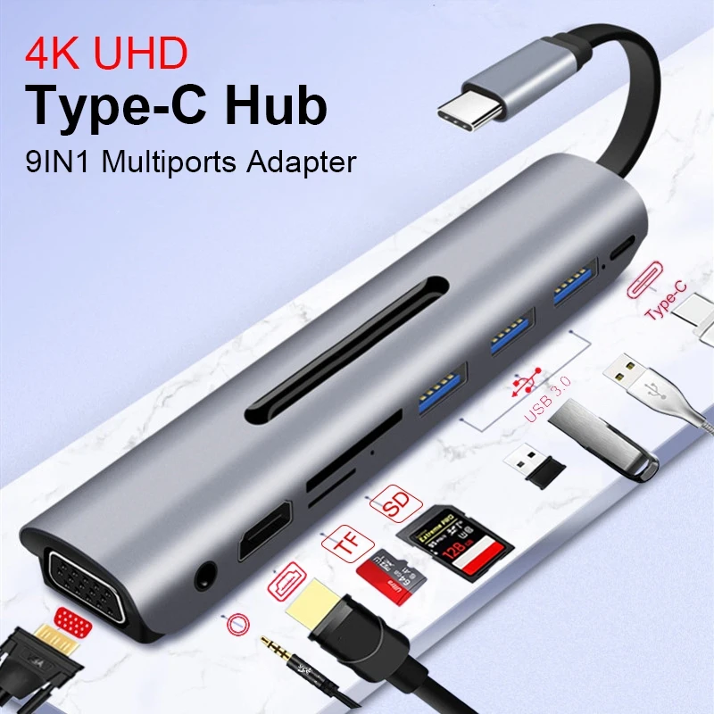 FFYY-type C к Hdmi концентратор адаптер 4K Usb C 3,1 к Vga 60 Гц 3,5 мм аудио конвертер с Tf Sd карты слот 9 в 1 конвертер для Macbook