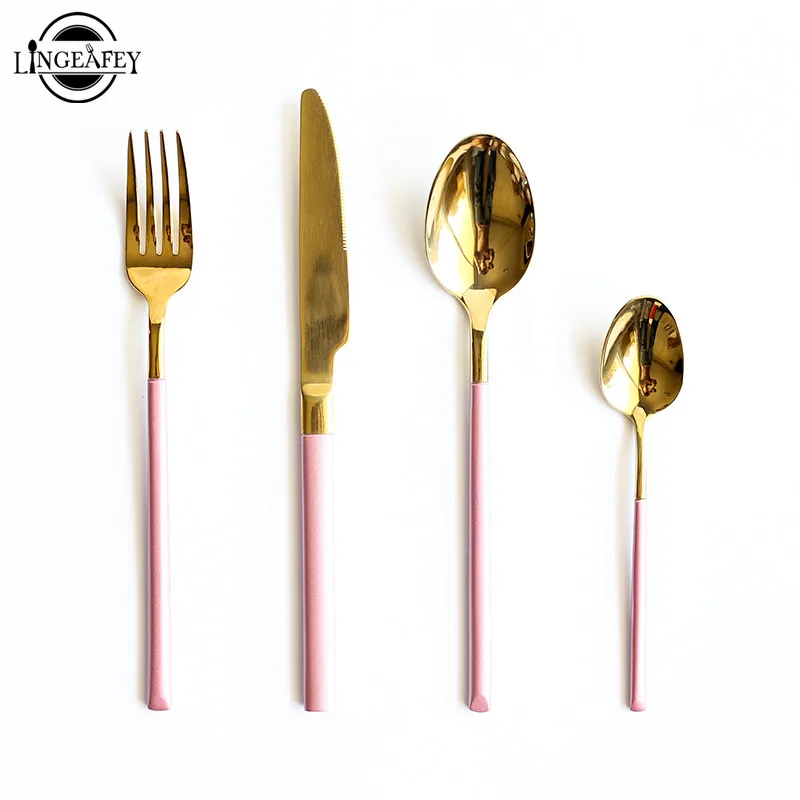 

Pink Gold Cutlery Set Fork Spoon Knife Set Silverware Knives Forks Spoons Restaurant Service Kitchen Metal Dinnerware Tableware