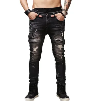 

Hip Hop Rock Moto Jeans Mens Distressed Ripped Punk Skinny Stretch Denim Biker Jeans Male Straight Black Pants Big Size 42
