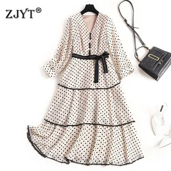 

Fashion Women Spring Dress 2020 New Designer Elegant Lady V Neck Lace Up Polka Dot Print Beading Aline Mid Calf Casual Dresses