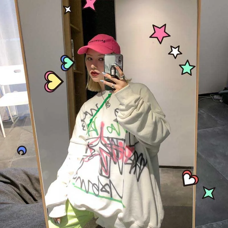 NiceMix Осенняя Женская толстовка с буквенным принтом, толстовка в корейском Ulzzang Harajuku с круглым вырезом и длинным рукавом, толстовка в стиле хип-хоп с капюшоном - Цвет: Белый