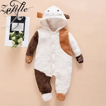 

ZAFILLE Winter Newborn Clothes Coral Velvet Cute Cat Patchwork Long Sleeve Jumpsuit For Baby Romper Footie Unisex Kids Clothes