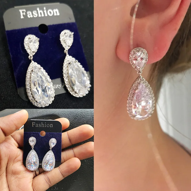 Edle Damen Ohrringe Zirkonia Strass Tropfen Tränen Form