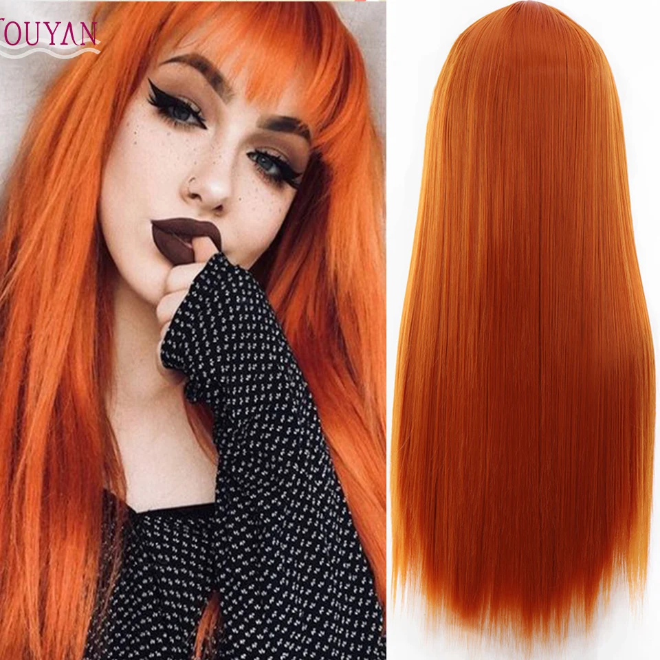 Houyan señoras de pelo largo recto naranja sintético negro de alta temperatura peluca con flequillo diario ropa de fiesta